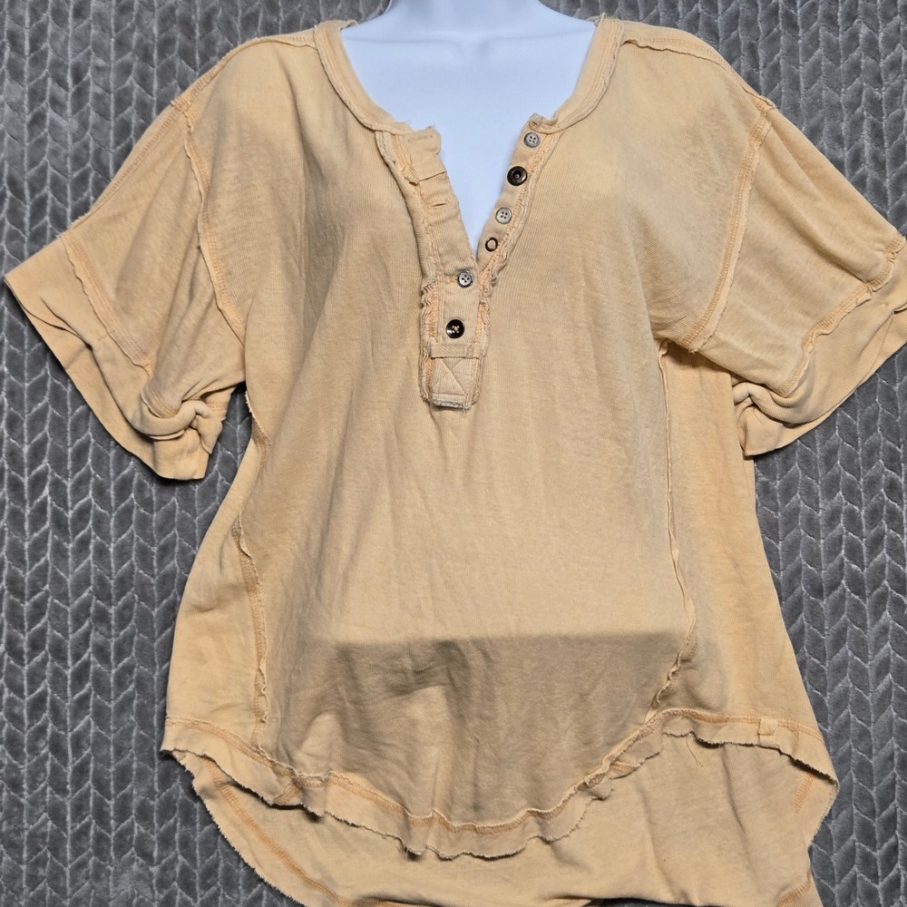 We The Free People Linen Cotton Henley Top Apricot Yellow Small Deconstructed